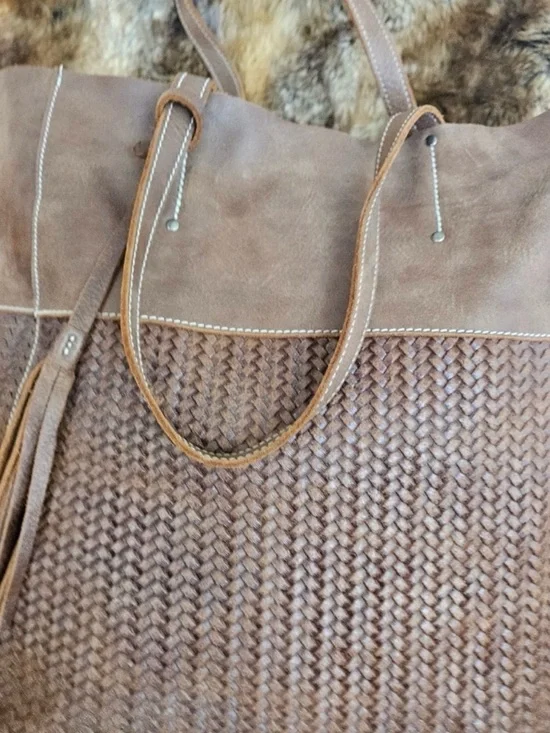 ROOTS Woven Leather Tote Bag in Cognac Brown - Picture 2 of 8